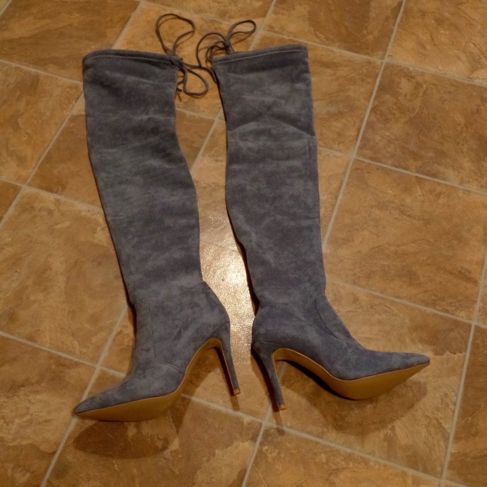 Grey Thigh high microsuede Joy in love spiked heel boots NEW WOT!